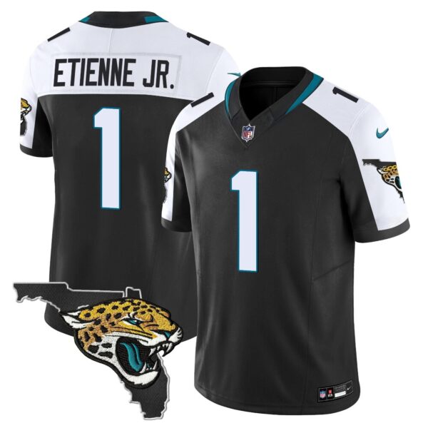 Jacksonville Jaguars Florida Patch Vapor Jersey – All Stitched – Black Alternate – Travis Etienne Jr. Jersey