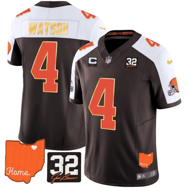 Browns #32 Jim Brown Memorial & Home Patch Gold Trim Jersey – All Stitched – Alternate – Deshaun Watson Jersey