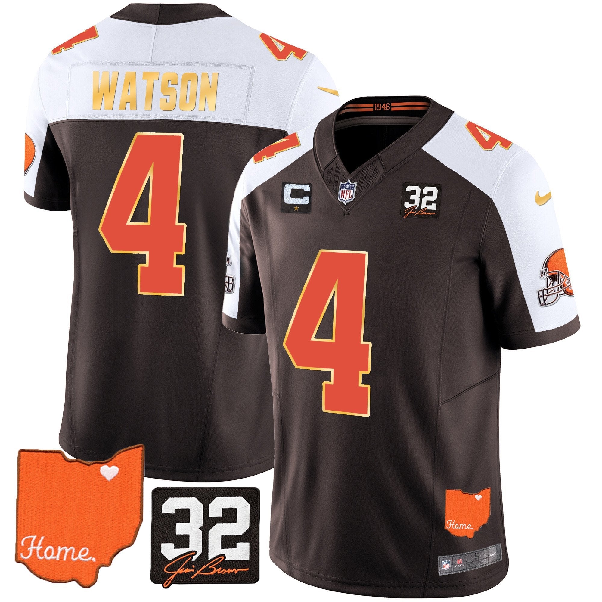 Browns #32 Jim Brown Memorial & Home Patch Gold Trim Jersey – All Stitched – Alternate – Deshaun Watson Jersey