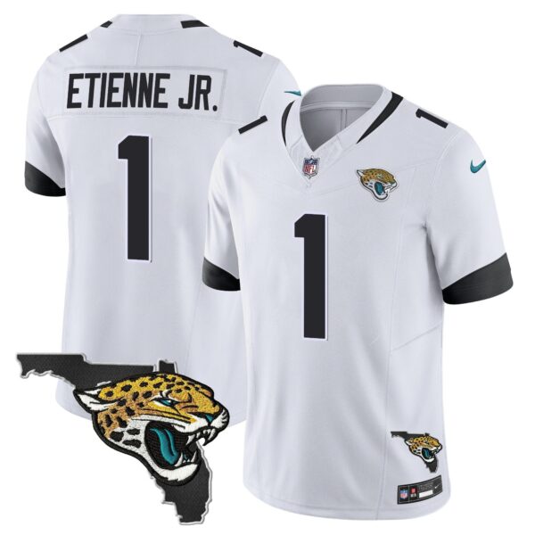 Jacksonville Jaguars Florida Patch Vapor Jersey – All Stitched – White – Travis Etienne Jr. Jersey