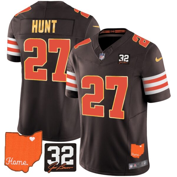 Browns #32 Jim Brown Memorial & Home Patch Gold Trim Jersey – All Stitched – Brown – Kareem Hunt Jersey