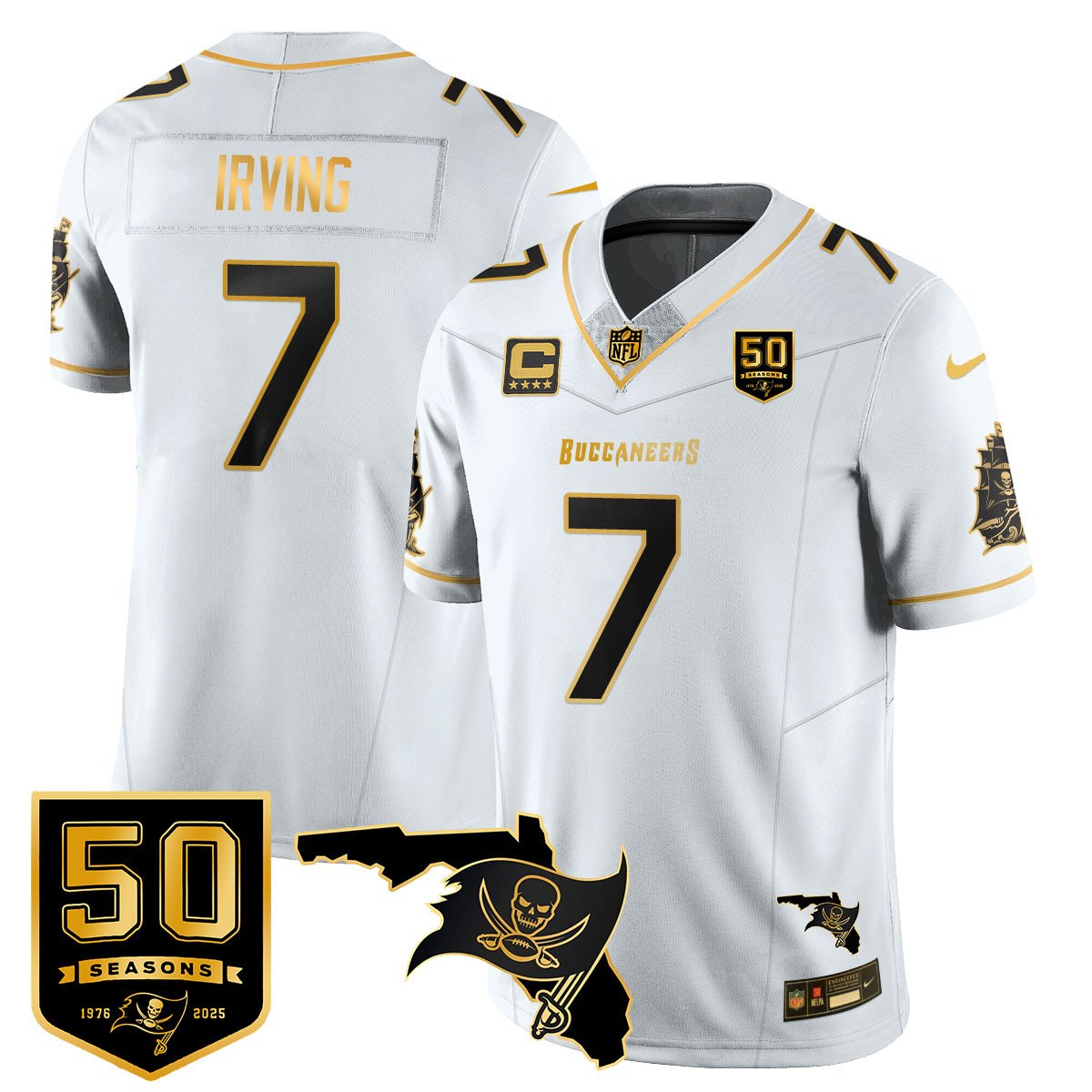 Tampa Bay Buccaneers 50th Season Limited Gold Jersey – All Stitched – White Gold – Bucky Irving Jersey