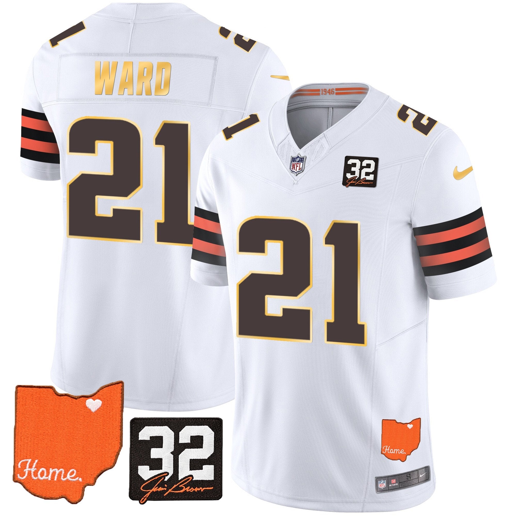 Browns #32 Jim Brown Memorial & Home Patch Gold Trim Jersey – All Stitched – White – Denzel Ward Jersey
