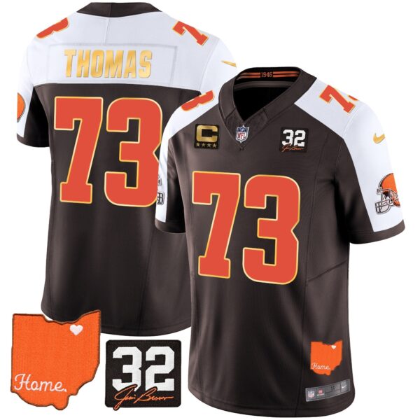 Browns #32 Jim Brown Memorial & Home Patch Gold Trim Jersey – All Stitched – Alternate – Joe Thomas Jersey