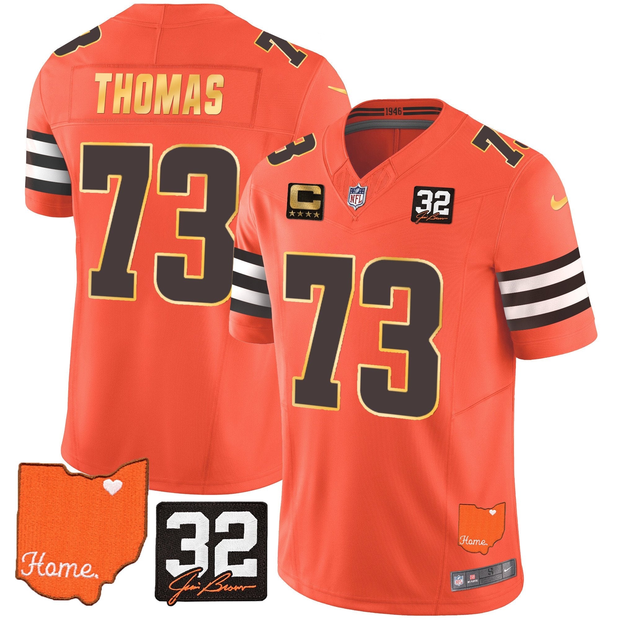 Browns #32 Jim Brown Memorial & Home Patch Gold Trim Jersey – All Stitched – Orange – Joe Thomas Jersey