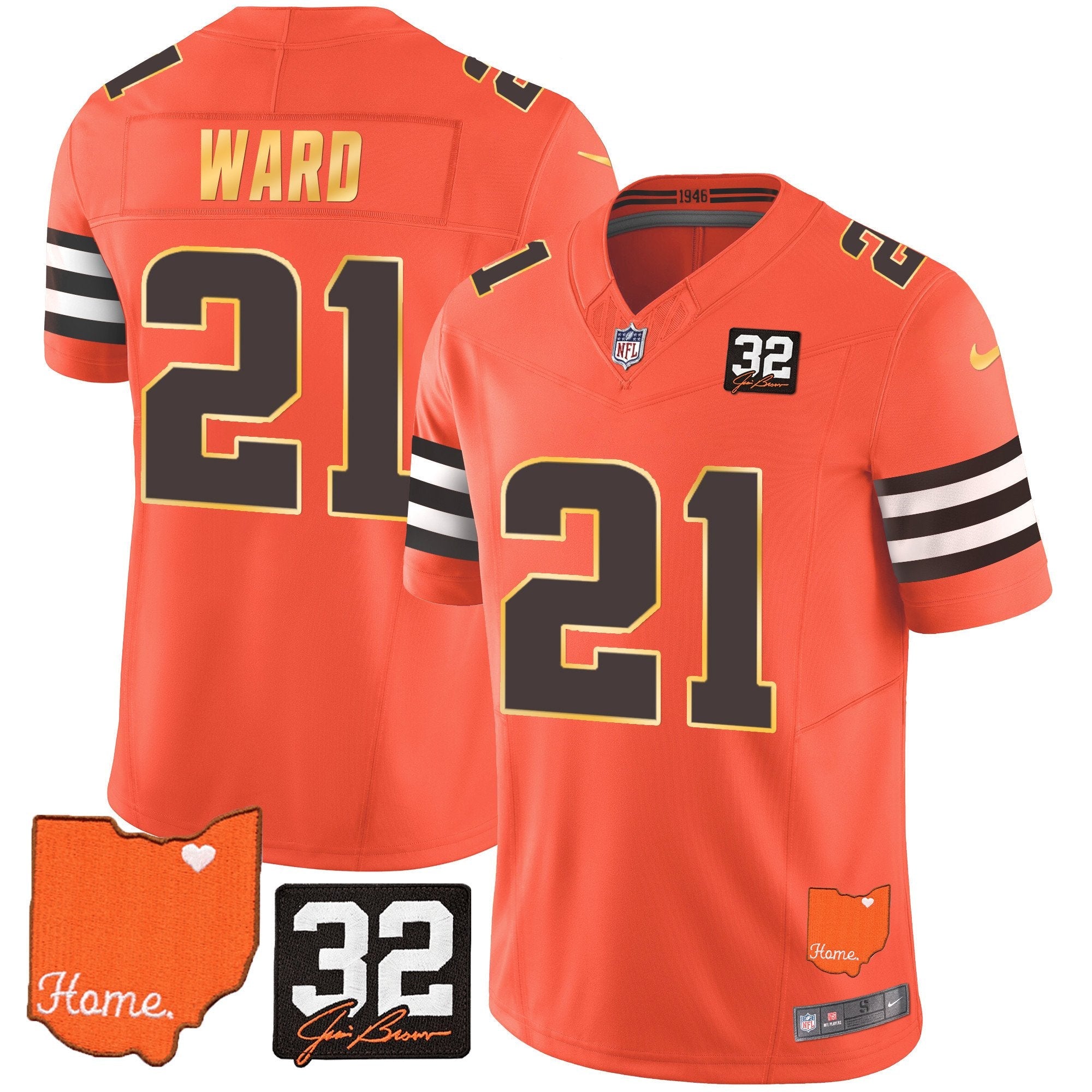 Browns #32 Jim Brown Memorial & Home Patch Gold Trim Jersey – All Stitched – Orange – Denzel Ward Jersey