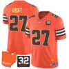 Browns #32 Jim Brown Memorial & Home Patch Gold Trim Jersey – All Stitched – Orange – Kareem Hunt Jersey