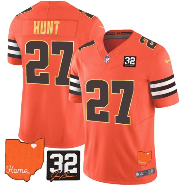 Browns #32 Jim Brown Memorial & Home Patch Gold Trim Jersey – All Stitched – Orange – Kareem Hunt Jersey