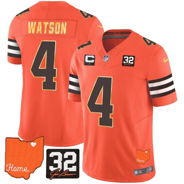 Browns #32 Jim Brown Memorial & Home Patch Gold Trim Jersey – All Stitched – Orange – Deshaun Watson Jersey