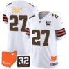 Browns #32 Jim Brown Memorial & Home Patch Gold Trim Jersey – All Stitched – White – Kareem Hunt Jersey