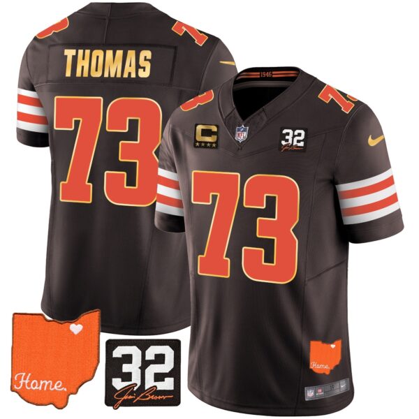 Browns #32 Jim Brown Memorial & Home Patch Gold Trim Jersey – All Stitched – Brown – Joe Thomas Jersey