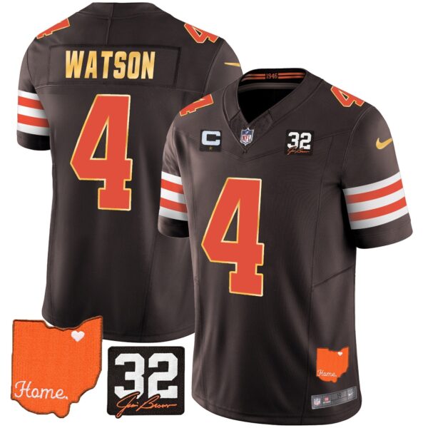 Browns #32 Jim Brown Memorial & Home Patch Gold Trim Jersey – All Stitched – Brown – Deshaun Watson Jersey
