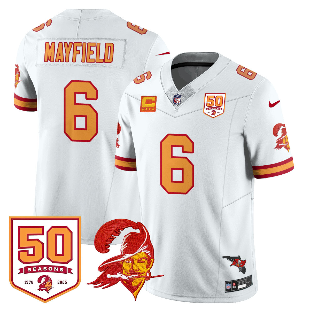 Tampa Bay Buccaneers Creamsicle Throwback Jersey – 50th Season Patch – All Stitched – Baker Mayfield – Creamsicle White Jersey
