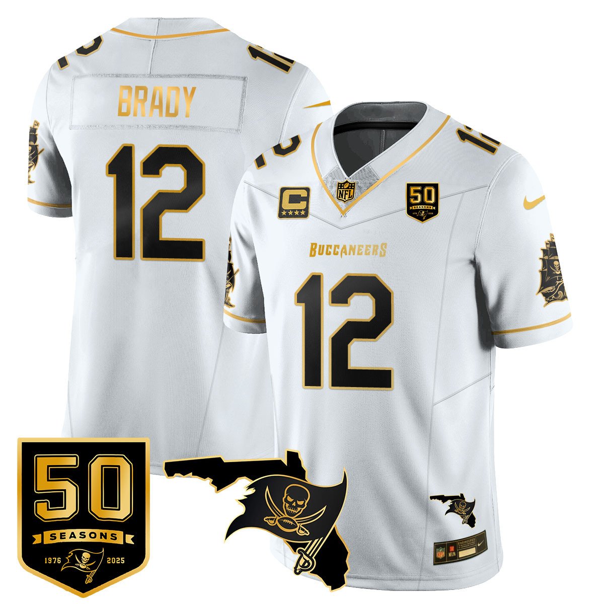 Tampa Bay Buccaneers 50th Season Limited Gold Jersey – All Stitched – White Gold – Tom Brady Jersey