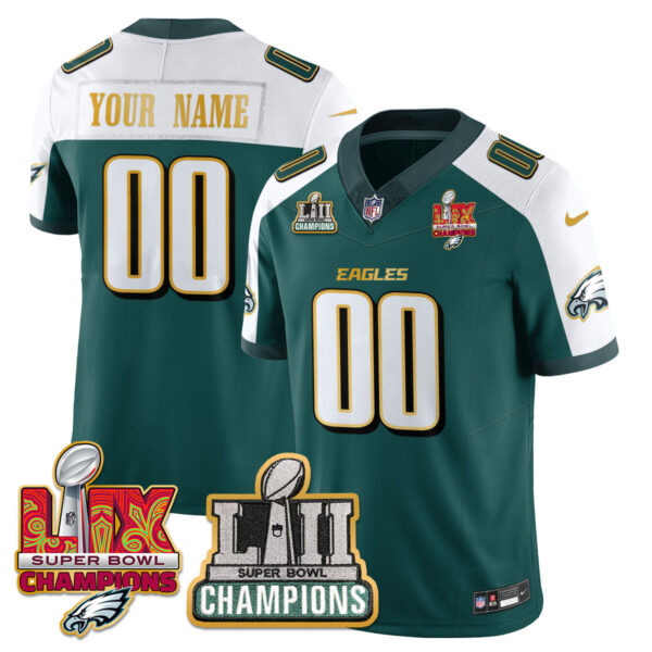 Philadelphia Eagles LII-LIX Super Bowl Champions Gold Custom Jersey – All Stitched – Green Alternate Jersey