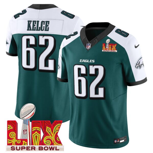 Philadelphia Eagles Super Bowl LIX Patch Vapor Limited Jersey – All Stitched – Green Alternate – Jason Kelce Jersey