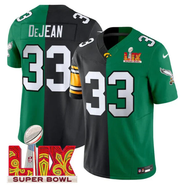 Split Philadelphia Eagles Super Bowl LIX & College Football Vapor Limited Jersey – All Stitched – Cooper DeJean Jersey