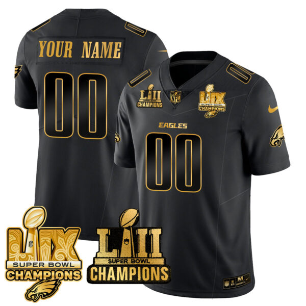 Philadelphia Eagles LII-LIX Super Bowl Champions Gold Custom Jersey – All Stitched – Black Gold Jersey