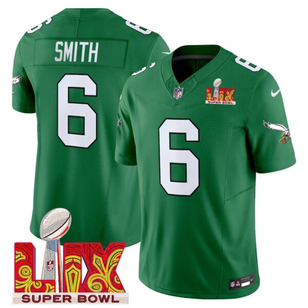 Philadelphia Eagles Kelly Green Super Bowl LIX Patch Vapor Limited Jersey – All Stitched – Kelly Green – DeVonta Smith Jersey