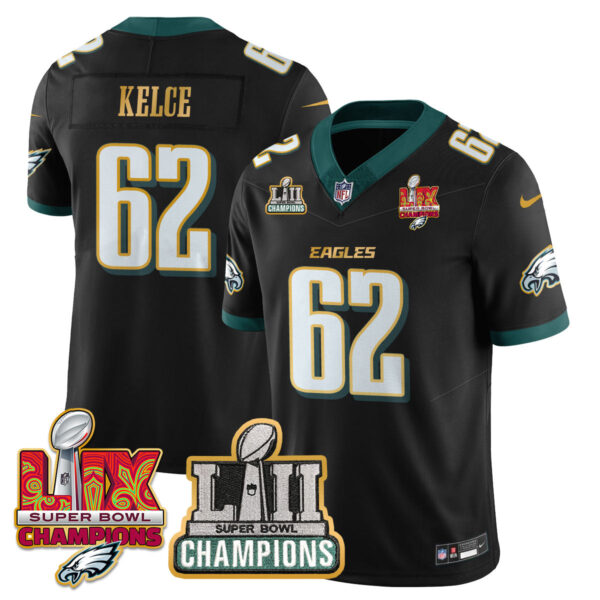 Philadelphia Eagles LII-LIX Super Bowl Champions Vapor Limited Gold Jersey – All Stitched – Black – Jason Kelce Jersey