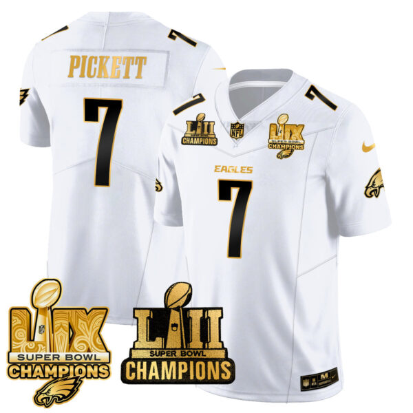 Philadelphia Eagles LII-LIX Super Bowl Champions Gold Jersey – All Stitched – White Gold – Kenny Pickett Jersey