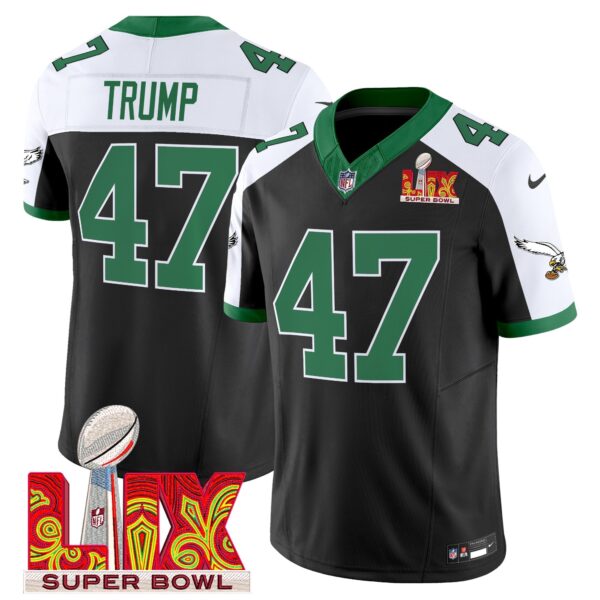 Philadelphia Eagles Kelly Green Super Bowl LIX Patch Vapor Limited Jersey – All Stitched – Black Alternate – Donald Trump Jersey