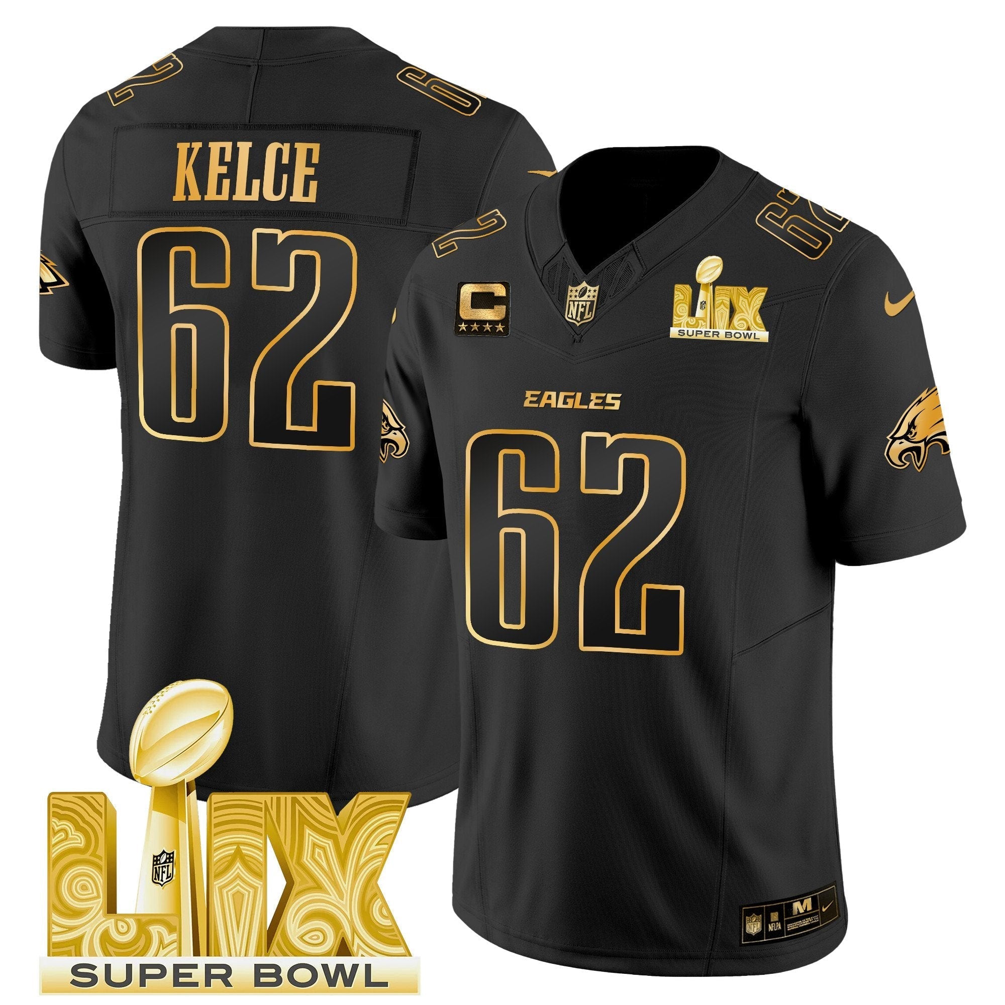 Philadelphia Eagles Super Bowl LIX Patch Gold Vapor Limited Jersey – All Stitched – Black Gold – Jason Kelce Jersey