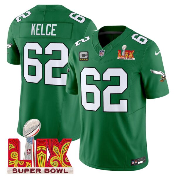 Philadelphia Eagles Kelly Green Super Bowl LIX Patch Vapor Limited Jersey – All Stitched – Kelly Green – Jason Kelce Jersey