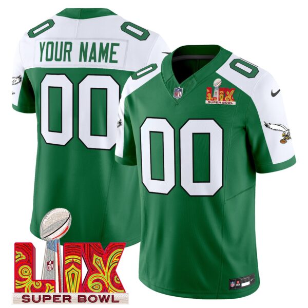 Philadelphia Eagles Kelly Green Super Bowl LIX Patch Vapor Limited Custom Jersey – All Stitched – Kelly Alternate Jersey