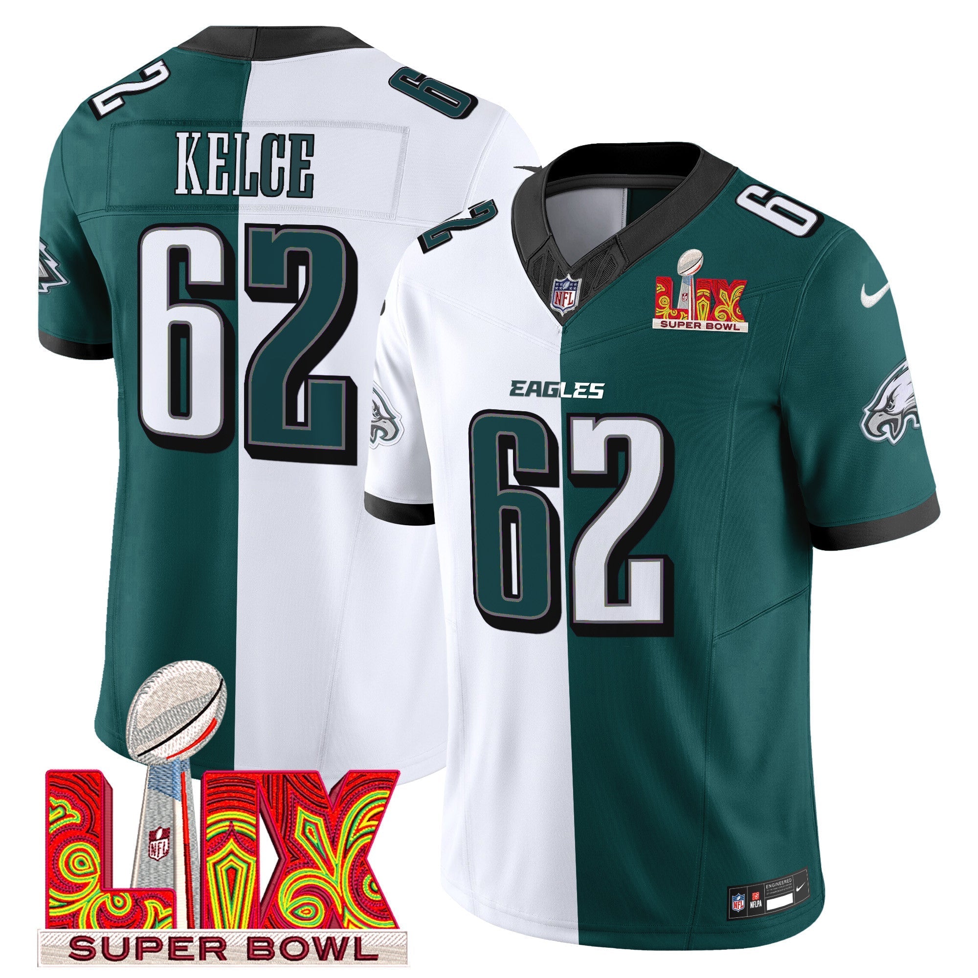Philadelphia Eagles Super Bowl LIX Patch Vapor Limited Jersey – All Stitched – Split – Jason Kelce Jersey