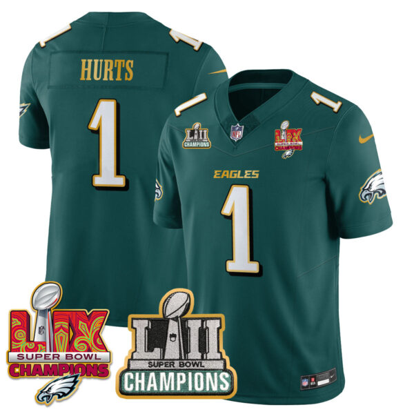 Philadelphia Eagles LII-LIX Super Bowl Champions Vapor Limited Gold Jersey – All Stitched – Midnight Green – Jalen Hurts Jersey