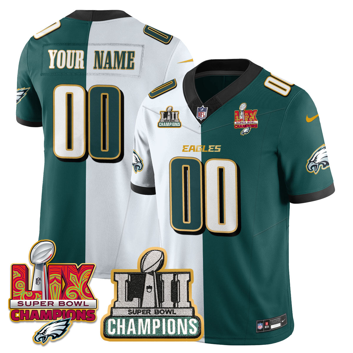 Philadelphia Eagles LII-LIX Super Bowl Champions Gold Custom Jersey – All Stitched – Split Jersey