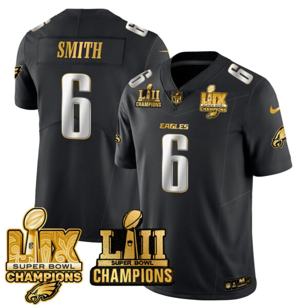 Philadelphia Eagles LII-LIX Super Bowl Champions Gold Jersey – All Stitched – Black Limited – DeVonta Smith Jersey