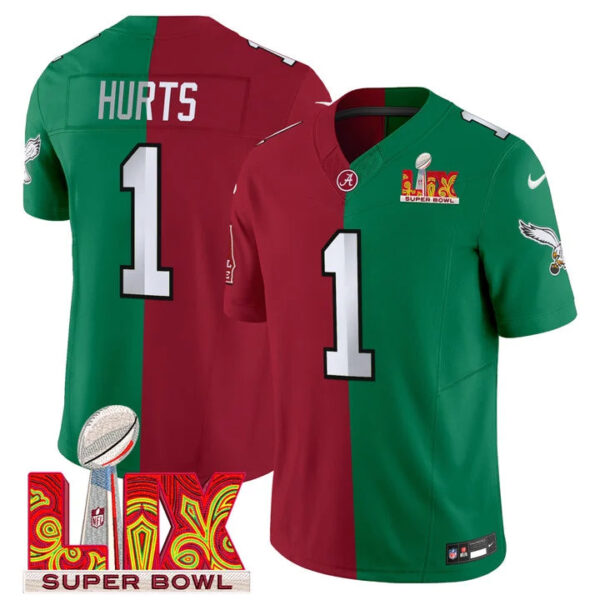 Split Philadelphia Eagles Super Bowl LIX & College Football Vapor Limited Jersey – All Stitched – Jalen Hurts Jersey