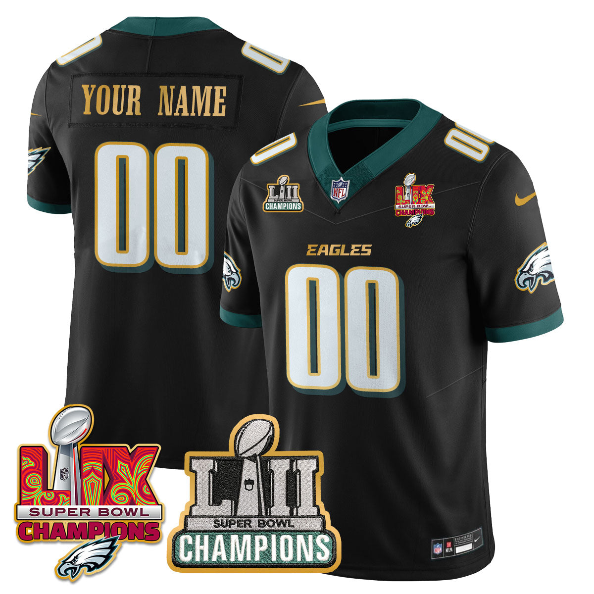 Philadelphia Eagles LII-LIX Super Bowl Champions Gold Custom Jersey – All Stitched – Black Jersey