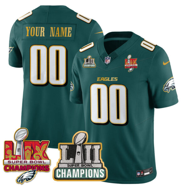 Philadelphia Eagles LII-LIX Super Bowl Champions Gold Custom Jersey – All Stitched – Midnight Green Jersey