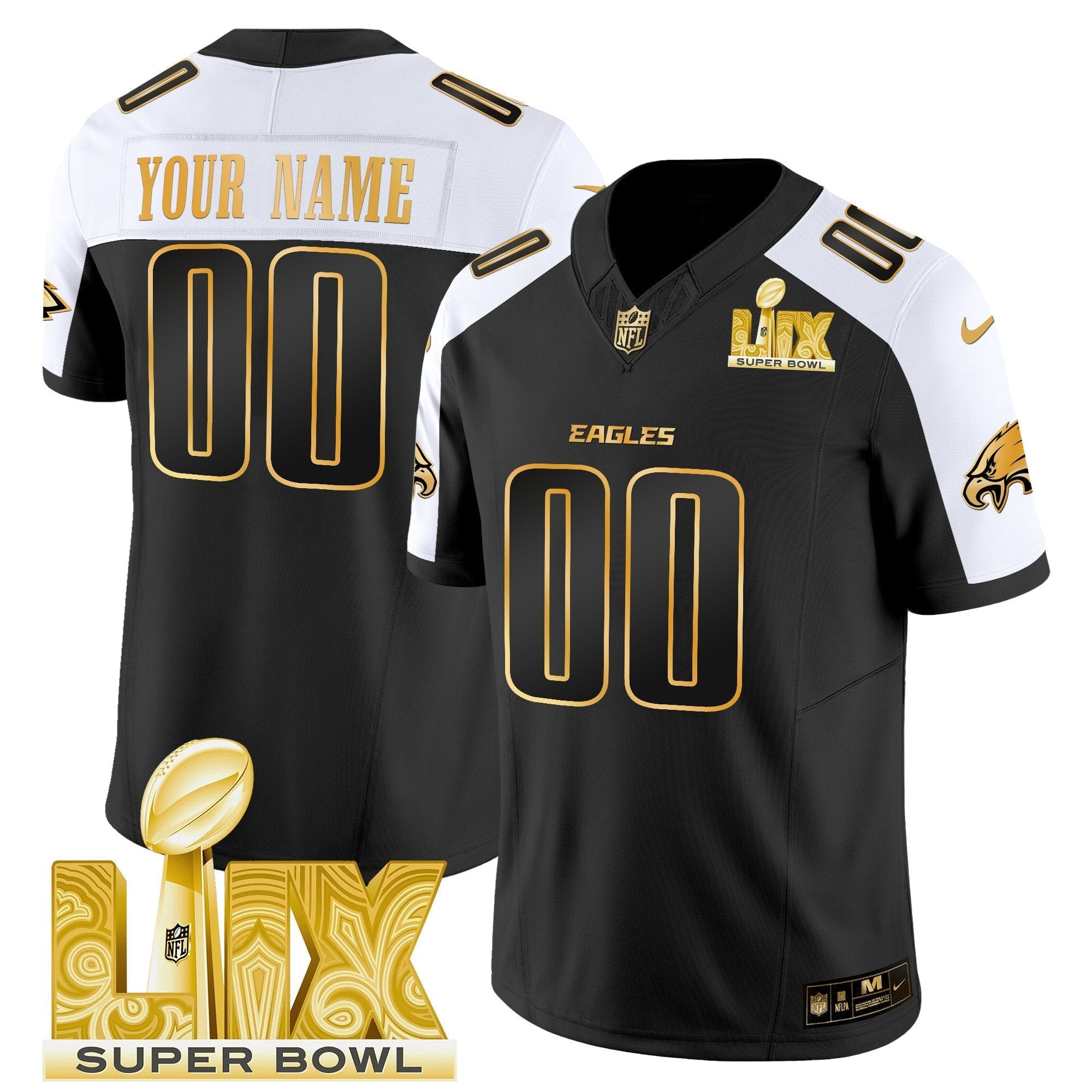 Philadelphia Eagles Super Bowl LIX Patch Gold Vapor Limited Custom Jersey – All Stitched – Alternate Jersey