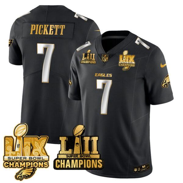 Philadelphia Eagles LII-LIX Super Bowl Champions Gold Jersey – All Stitched – Black Limited – Kenny Pickett Jersey