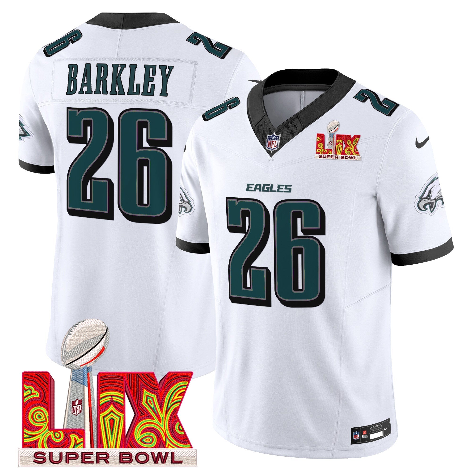 Philadelphia Eagles Super Bowl LIX Patch Vapor Limited Jersey – All Stitched – White – Saquon Barkley Jersey