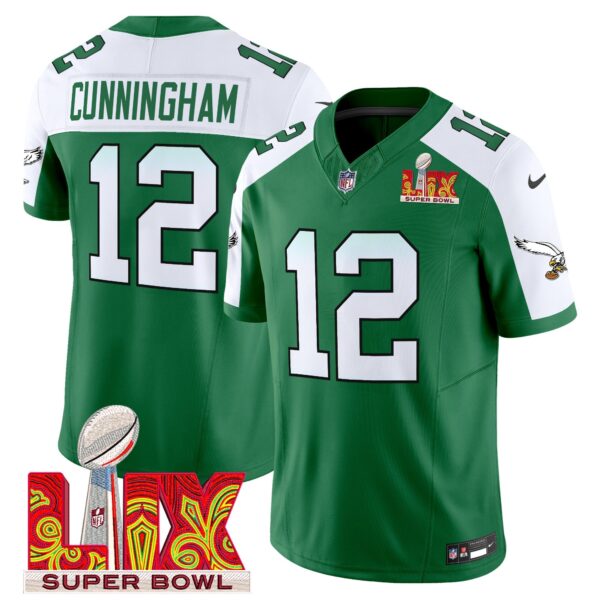 Philadelphia Eagles Kelly Green Super Bowl LIX Patch Vapor Limited Jersey – All Stitched – Kelly Alternate – Randall Cunningham Jersey