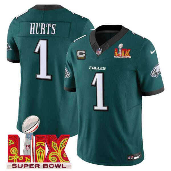 Philadelphia Eagles Super Bowl LIX Patch Vapor Limited Jersey – All Stitched – Midnight Green – Jalen Hurts Jersey