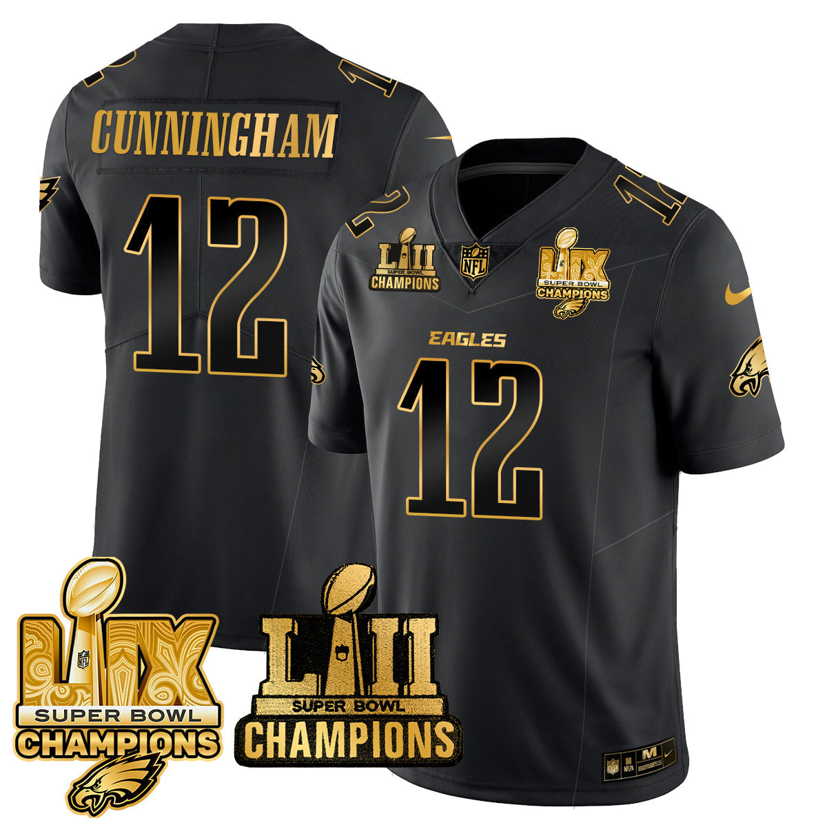 Philadelphia Eagles LII-LIX Super Bowl Champions Gold Jersey – All Stitched – Black Gold – Randall Cunningham Jersey