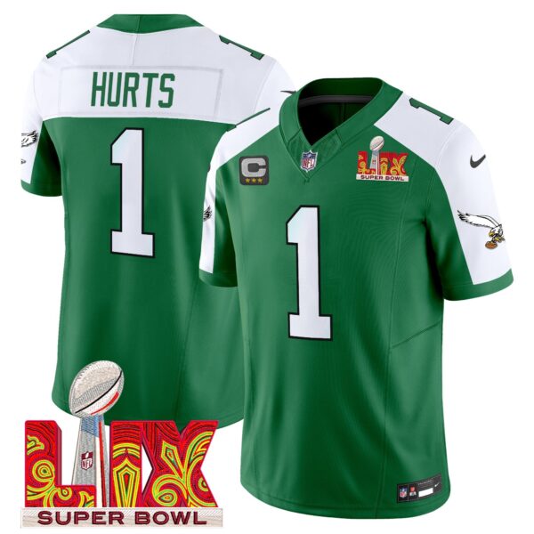 Philadelphia Eagles Kelly Green Super Bowl LIX Patch Vapor Limited Jersey – All Stitched – Kelly Alternate – Jalen Hurts Jersey