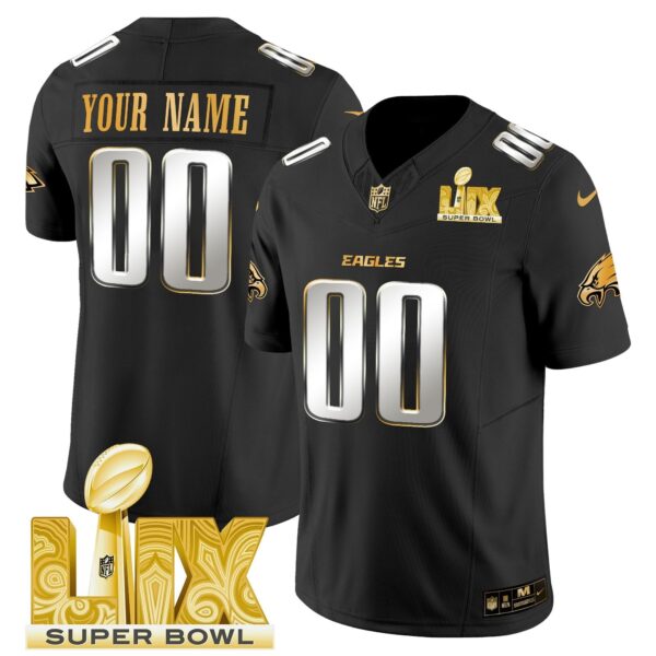 Philadelphia Eagles Super Bowl LIX Patch Gold Vapor Limited Custom Jersey – All Stitched – Black Limited Jersey