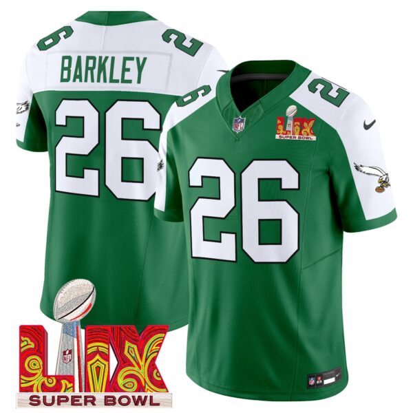 Philadelphia Eagles Kelly Green Super Bowl LIX Patch Vapor Limited Jersey – All Stitched – Kelly Alternate – Saquon Barkley Jersey