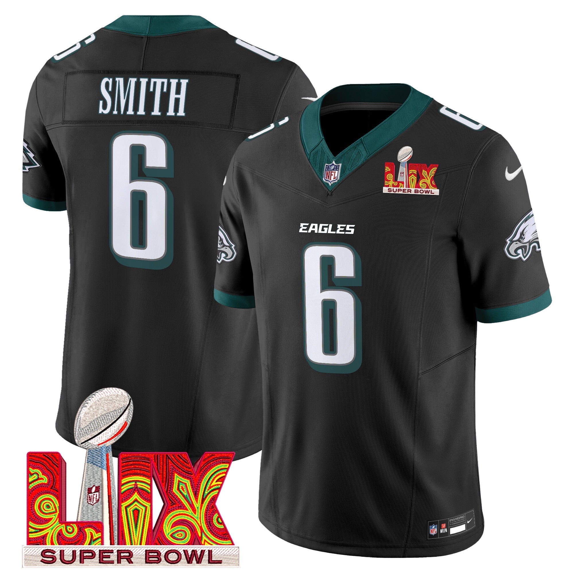 Philadelphia Eagles Super Bowl LIX Patch Vapor Limited Jersey – All Stitched – Black – DeVonta Smith Jersey
