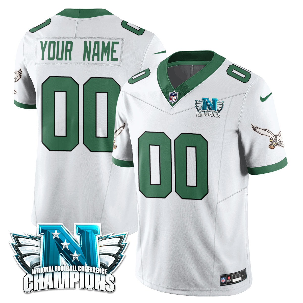 Philadelphia Eagles 2024 NFC Champion Custom Jersey – All Stitched – Kelly White Jersey