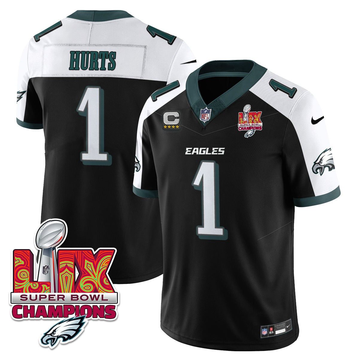 Philadelphia Eagles Super Bowl LIX Champions Gold Vapor Limited Jersey – All Stitched – Jalen Hurts – Black Alternate Jersey