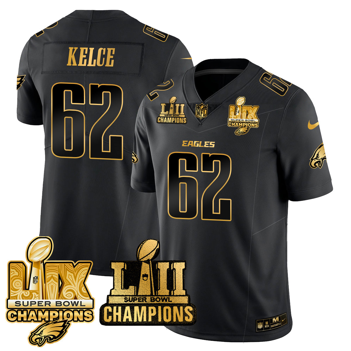 Philadelphia Eagles LII-LIX Super Bowl Champions Gold Jersey – All Stitched – Black Gold – Jason Kelce Jersey