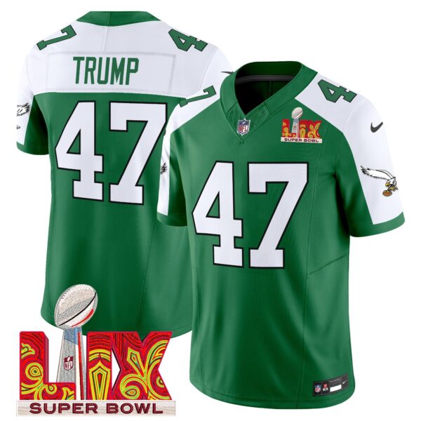 Philadelphia Eagles Kelly Green Super Bowl LIX Patch Vapor Limited Jersey – All Stitched – Kelly Alternate – Donald Trump Jersey